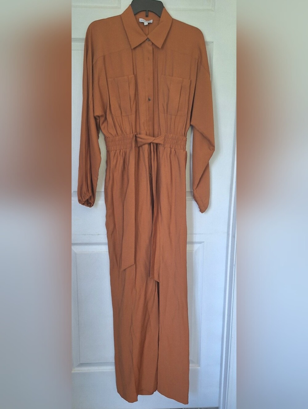 Gianni Bini Size 8 Rust Brown Utility Jumpsuit Long Sleeve Wide Leg Belted